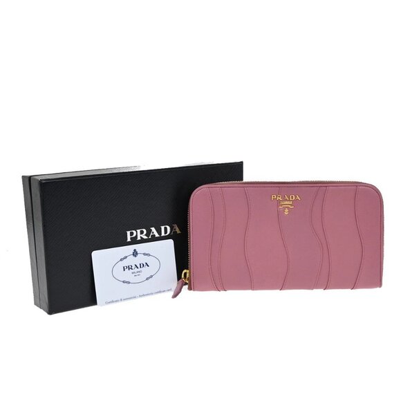 PRADA Logo Long Zip Wallet Nappa Stripes Leather Camelia Pink Gold Italy 82EF051 - Picture 1 of 16